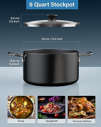 Cook N Home Nonstick Stockpot with Lid 6-QT, Professional Deep Cooking Pot Cookware Casserole with Glass Lid, Black