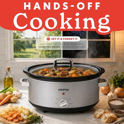 Gourmia Slow Cooker - 7 Quart Removable Ceramic Pot, Manual Controls with 3 Temperature Settings, Dishwasher Safe Crock and Glass Lid, Stainless Steel