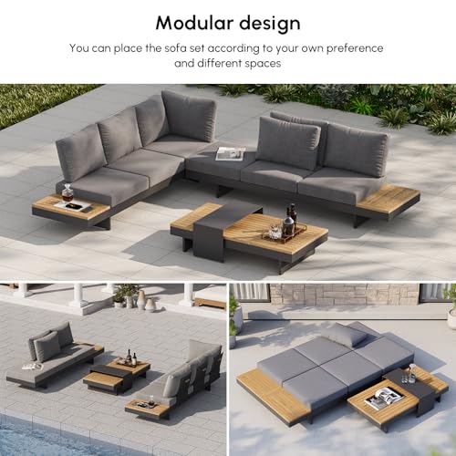 homary Outdoor Conversation Sets, 6 Piece Aluminum & Teak Patio Sectional Sofa Set with Adjustable Backrests, Waterproof Cushions, Ideal for Patios & Balconies