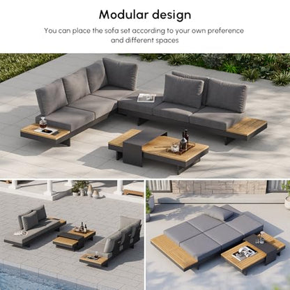 homary Outdoor Conversation Sets, 6 Piece Aluminum & Teak Patio Sectional Sofa Set with Adjustable Backrests, Waterproof Cushions, Ideal for Patios & Balconies