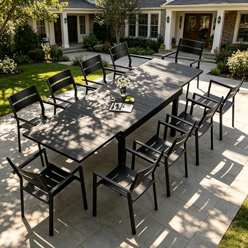 Pellebant 11-Piece Aluminum Outdoor Patio Dining Table Set for 10, Expandable Sturdy Table and Stackable Chairs with Armrest, Weather-Resistant for Deck Backyard Poolside