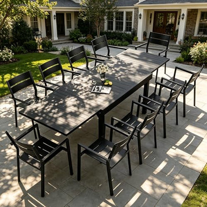 Pellebant 11-Piece Aluminum Outdoor Patio Dining Table Set for 10, Expandable Sturdy Table and Stackable Chairs with Armrest, Weather-Resistant for Deck Backyard Poolside