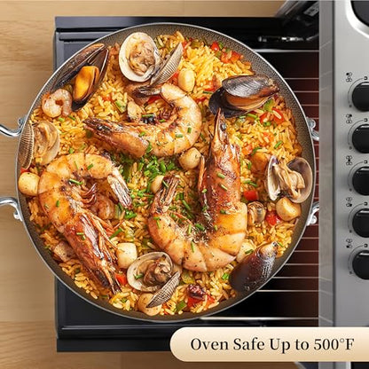 Inqibee 13-Inch Hybrid Tri-Ply Stainless Steel Paella Pan with Lid, Ceramic Non Stick Large Skillet, Induction Cooking Pan, Anti-Scratch, Dishwasher and Oven Safe