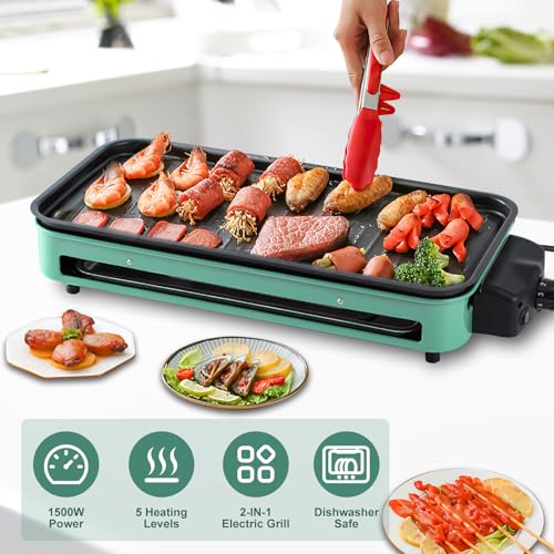 Electric Indoor Grill Smokeless, 1500W 2-in-1 Korean BBQ & Raclette Table Grill with Non-Stick Removable Plates, 5-Temp Control, Dishwasher Safe, Portable Indoor Grills for Kitchen & Family