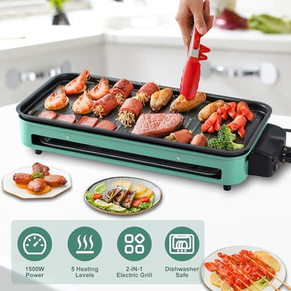 Electric Indoor Grill Smokeless, 1500W 2-in-1 Korean BBQ & Raclette Table Grill with Non-Stick Removable Plates, 5-Temp Control, Dishwasher Safe, Portable Indoor Grills for Kitchen & Family
