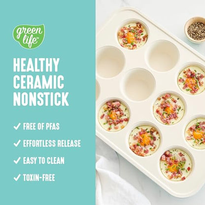 GreenLife 12-Cup Muffin Pan, PFAS-Free Healthy Nonstick Baking Tray, 11.4" x 1.9" x 15.9", Durable Ceramic Bakeware, Cupcakes, Egg Bites, Tarts, Brownies, Turquoise