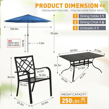 SUNCROWN 8-Piece Outdoor Wrought Iron Chairs and Table Patio Dining Furniture Set-6 Stackable Metal Chairs, 1 Steel Slat Bistro Table and 1 Dark Blue 9Ft Patio Umbrella for Garden Backyard Deck