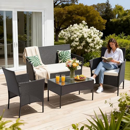 FDW 4-Piece Patio Furniture Set | Brown | Outdoor Wicker Furniture
