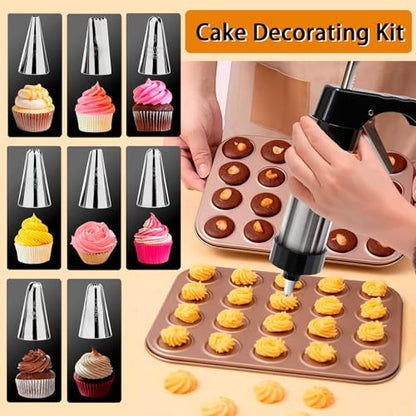 Stainless Steel Spritz Cookie Press Gun Kit, with Piping Bag, 8 Piping Nozzles, 13 Cookie Discs and Cleaning Brush, 3-in-1 Multifunctional Cookie Press