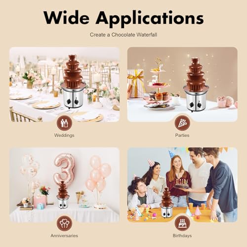 4 Tier Electric Chocolate Fondue Fountain Machine for Parties - 430 Stainless Steel Melts Cheese, Queso, Candy- Dip Strawberries, Apple and More - 60-Ounce/1.8L - 40℃/104℉ Heating Temperature