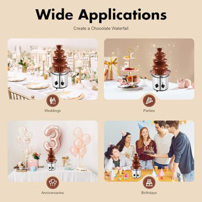 4-Tier 61oz Chocolate Fountain, 170W Stainless Steel Dessert Cascade, 110V Cheese Warmer Tower Caramel Dispenser Candy Melter with Heated Base & Detachable Tiers for Dipping Strawberries Marshmallows