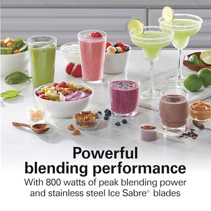 Hamilton Beach Wave Action Blender for Smoothies, Stainless Steel Ice Sabre Blades, 40oz Glass Jar, 20oz Blend-In Portable Travel Jar, 800 Watts, Quiet Design, Silver (58181)