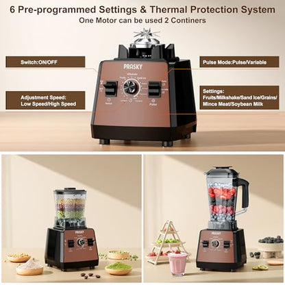 Blenders for Kitchen, Smoothie Blender, 2400W/1000W Prasky Blender & Grinder Combo, 25,000 RPM High Speed, 68oz BPA-Free Food Processor, Countertop Blender for Smoothies, Shakes & Food (Brown,2L)