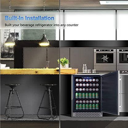 Phiestina Beverage Refrigerator 24Inch, 175 Cans Indoor/Outdoor Undercounter Beverage Cooler Refrigerator Stainless Steel Beer Fridge with Safety Lock Built-in/Freestanding-Silver Foam Door