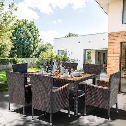 Shintenchi 7 Piece Patio Dining Set, Wicker Patio Conversation Set with Wooden Table Top, Outdoor Table and Chairs with Soft Cushions for Backyard, Deck and Garden, Brown Rattan