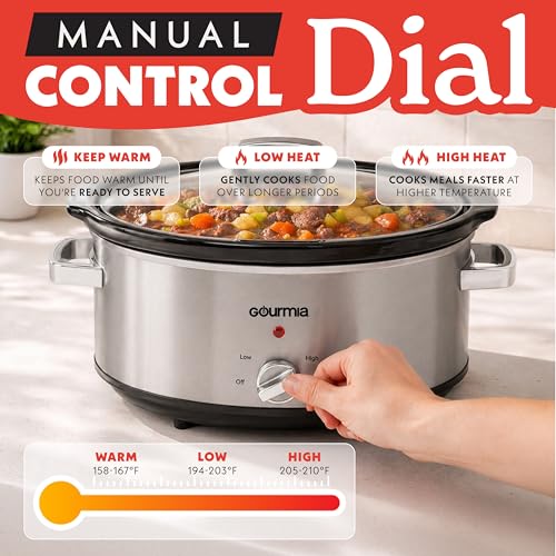 Gourmia Slow Cooker - 7 Quart Removable Ceramic Pot, Manual Controls with 3 Temperature Settings, Dishwasher Safe Crock and Glass Lid, Stainless Steel