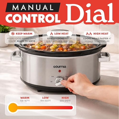 Gourmia Slow Cooker - 7 Quart Removable Ceramic Pot, Manual Controls with 3 Temperature Settings, Dishwasher Safe Crock and Glass Lid, Stainless Steel