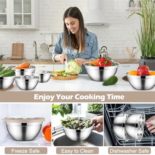 E-far Stainless Steel Mixing Bowls with Airtight Clear Lids Set of 7, Metal Nesting Bowls for Kitchen Prep, Baking, Cooking, Serving, Salad, Dishwasher Safe, Size 4.6, 3.5, 3, 2, 1.5, 1, 0.7QT, Khaki