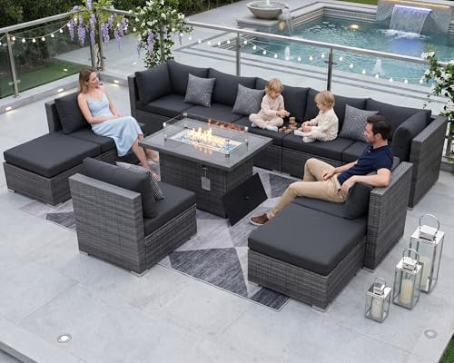 NICESOUL 11 Piece Extra Large Outdoor Furniture Sofa Set, Deep Wide PE Wicker Patio Modular Sectional with Fire Pit Table, 29.3'' High Back Modern Luxury All-Weather Rattan Conversation, Gray