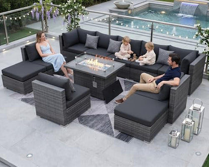 NICESOUL 11 Piece Extra Large Outdoor Furniture Sofa Set, Deep Wide PE Wicker Patio Modular Sectional with Fire Pit Table, 29.3'' High Back Modern Luxury All-Weather Rattan Conversation, Gray