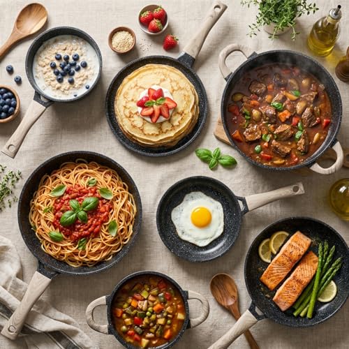 USELUCK Pots and Pans Set Nonstick 22 Pcs, Ceramic cookware set Non-Toxic Coating Inky Granite Kitchen Cookware Set, Induction Kitchen Cooking Set w/Frying Pans & Glass Lids, PFOS & PFOA Free