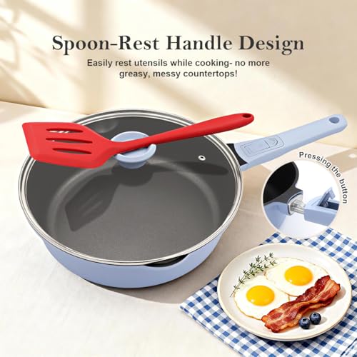 Bobikuke Non Stick Frying Pan Skillet with Lid, 12 Inch Nonstick Deep Frying Pan, 5 QT Saute Pan with Detachable Handle, Compatible with All Stoves, Induction Ready, Oven Safe, PTFE & PFAS-Free, Blue