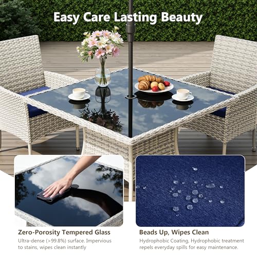 Sweecci Outdoor Dining Set, 15-Piece Patio Furniture Set with Tempered Glass Table and 12 Cushioned Chairs, Dual-Strand Wicker Rattan, Balcony Furniture for Backyard, Garden, Deck,– Navy Blue