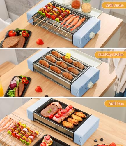 3-in-1 Electric Grill with Hot Dog Roller, Portable Indoor Outdoor BBQ Grill, Griddle and Sausage Roller Machine with Removable Non-Stick Plate & Drip Tray, for Tailgate, Camping, RV, Home Kitchen