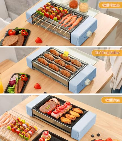 3-in-1 Electric Grill with Hot Dog Roller, Portable Indoor Outdoor BBQ Grill, Griddle and Sausage Roller Machine with Removable Non-Stick Plate & Drip Tray, for Tailgate, Camping, RV, Home Kitchen
