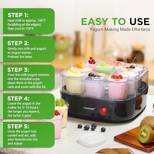 Nutrichef 9 Cup Automatic Yogurt Maker | Includes 9 - 5 oz Reusable Cups with Lids & Yogurt Rack for Instant Storage | Makes up to 45 OZ of Yogurt | Greek Yogurt Maker | Space Saving design | Black
