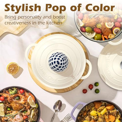 Umite Chef Enameled Cast Iron Dutch Oven-7QT Pot with Lid Cookbook & Cotton, Heavy-Duty Cookware for for Bread Baking, Braising, Stews, Marinate, Cook(Cream White)