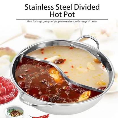 Stainless Steel Divided Hot Pot, 11 Inch Double Sauce Pot, Weldless Two-Flavor Soup Shabu for Induction Cooktop and Gas Stove