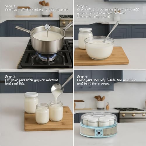 Studio 54 Yogurt Maker Machine with 7 Reusable Glass Jars (6oz Each), Probiotic Greek Yogurt Maker with Precise Time & Temperature Controls, Retro Blue Digital Yogurt Maker