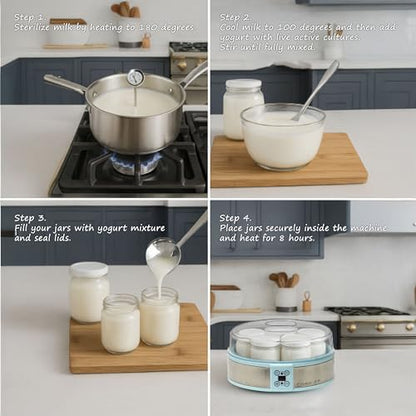 Studio 54 Yogurt Maker Machine with 7 Reusable Glass Jars (6oz Each), Probiotic Greek Yogurt Maker with Precise Time & Temperature Controls, Retro Blue Digital Yogurt Maker