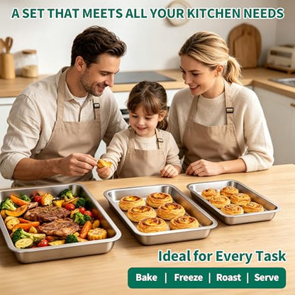JNDALNG Stainless Steel Cookie Sheet for Baking Set of 3, Stainless Steel Baking Sheet, 9" 12" 16" Sheet Pans, Non Stick, BPA Free, Dishwasher Safe, Durable and Easy Clean (Set of 3-9,12,16”)