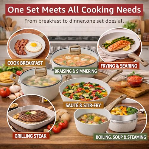 Bazova 24-Piece Pots and Pans Set Non Stick, Titanium-Reinforced Ceramic Cookware Set, Long-Lasting Nonstick,Non Toxic PFAS-Free, Induction Compatible, Complete Kitchen Set for Everyday Cooking
