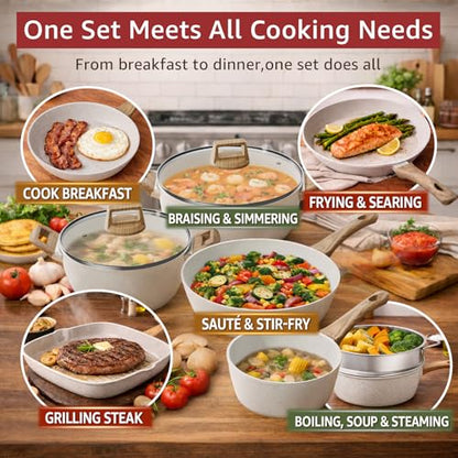 Bazova 24-Piece Pots and Pans Set Non Stick, Titanium-Reinforced Ceramic Cookware Set, Long-Lasting Nonstick,Non Toxic PFAS-Free, Induction Compatible, Complete Kitchen Set for Everyday Cooking