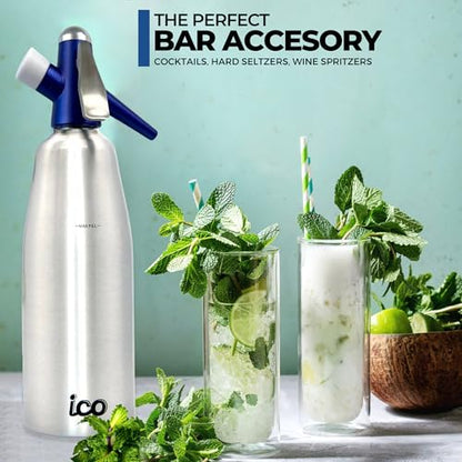 ICO Soda Siphon, Sparkling Water Maker, Soda Maker, Carbonated Water Machine for Fresh Soda Water, Cocktails, Hard Seltzers, Uses 8g C02 cartridges (Not Included), 1L/1 Pint