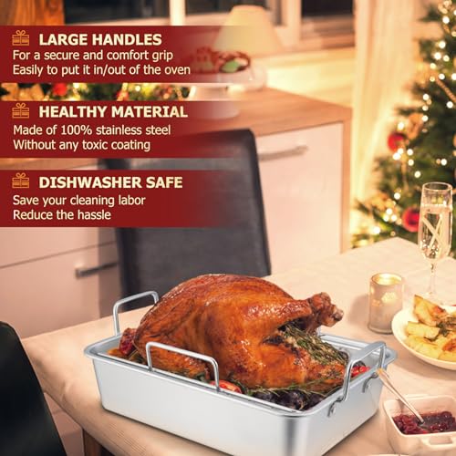 P&P CHEF Roasting Pan Set (8 PCS), 14 Inch Stainless Steel Turkey Roaster Pan, Flat & V-shaped Roasting Racks & Beer Can Chicken Holder, Meat Claws & Tenderizer, Brush, Healthy & Heavy Duty