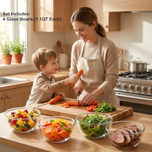 BECFISH Borosilicate Glass Bowls, Set of 4 (1.1 QT Each) - Heavy-Duty, Scratch Resistant & Lead-Free. Oven, Microwave, Dishwasher & Freezer Safe. Perfect for Meal Prep, Baking, Serving, Entertaining