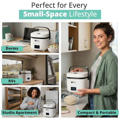 Rice Robot Personal Rice Cooker, PFAS-free, Nonstick. 1 Quart Capacity, with Stainless Steel Steamer Tray, Measuring Cups, Recipe Book with 60 Recipes, and Serving Spoon, As Seen On TV