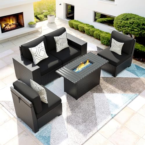 Patio Furniture Set with 44'' Fire Pit Table, 5 Pcs Outdoor Sectional Sofa