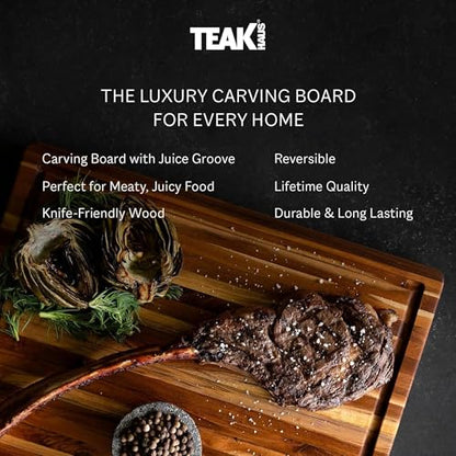 Teakhaus Carving Board with Juice Groove - Small (S) Teak Wood Cutting Board 14”L x 10”W x 1” Thick - Lightweight, Sustainably Harvested & FSC Certified - Knife Friendly with Beeswax Oil Finish