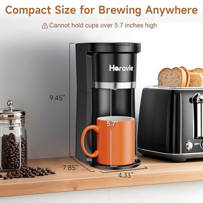 Horavie Small Single Serve Coffee Maker, Fast Brew One Cup Coffee Machine for K Cup and Grounds, 6 to 12 oz. Brew Sizes, Pod Coffee Maker with Descaling Reminder and Viewing Tank, Black