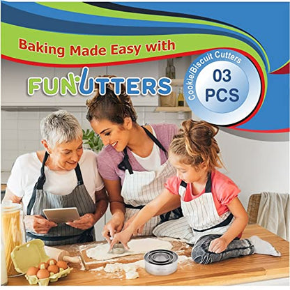 Cookie Cutter Set, 3 Pc Kit, Measuring 2'', 3'', and 4'', Round Metal Baking Rings for Pastry, Biscuits, and Dough Cutting, Heavy Duty and Reusable, Multiple Sizes