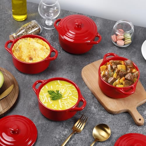 Gabotrie 4 Pcs Mini Cocotte Set, 16Oz Small Ceramic Casserole with Lids, Durable Soup Pot with Handle, Individual Baking Ramekins, Microwave, Oven & Dishwasher Safe, Red