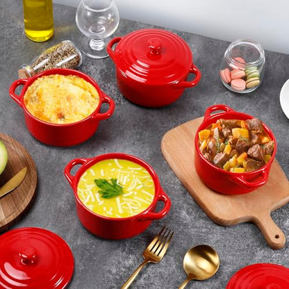 Gabotrie 4 Pcs Mini Cocotte Set, 16Oz Small Ceramic Casserole with Lids, Durable Soup Pot with Handle, Individual Baking Ramekins, Microwave, Oven & Dishwasher Safe, Red