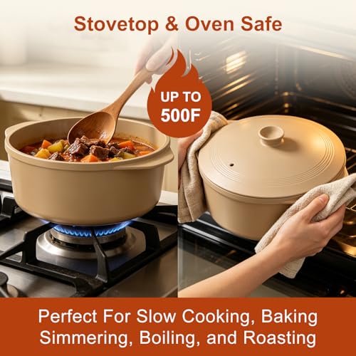 MAGNIFIQUE Slow Cooker, 4.5 Quart 8-in-1 Clay Pot Multi-Cooker, Non-Toxic Slow Cooker with Removable Clay Pot, for Rice, Pasta, Steam & Proof, Nonstick, Oven Safe Pot to 500°F, Brown