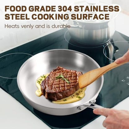 GOLDEN KEY 10 inch Tri-Ply 304 Stainless Steel Pan with Lid, Even Heating Non-toxic Skillet, Oven & Dishwasher Safe, Induction Ready, Ideal for Searing Meat & Fish, Sauteing, Frying (500°F)
