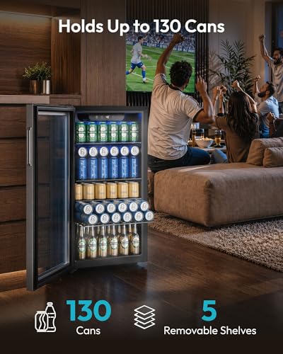 EUHOMY Mini Fridge 130 Can Beverage Refrigerator Cooler Glass Door for Soda Wine Beer, Beverage Cooler for Home, Bar, Office with Digital Temperature Control Removable Shelves, Black